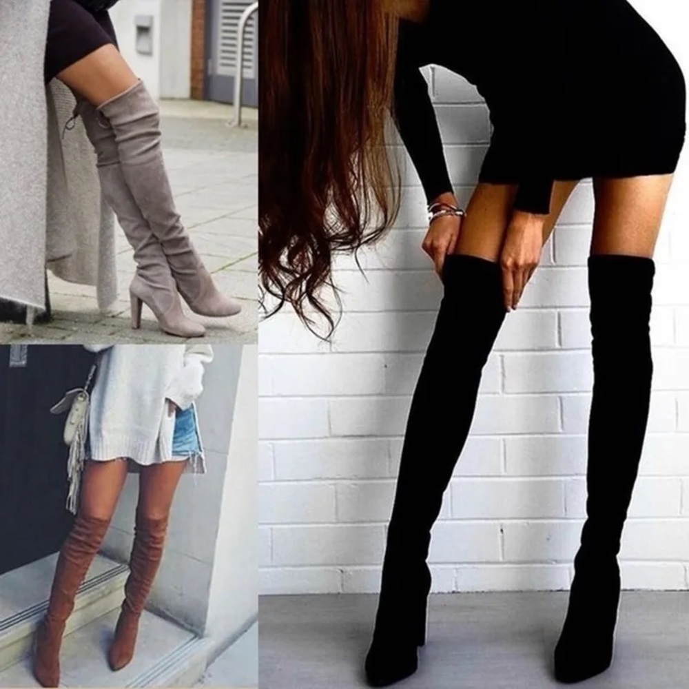 CLEARANCE Vegan Suede Black Over Knee High Heel Sexy Lined Tie Velvet boots - Picture 2 of 8
